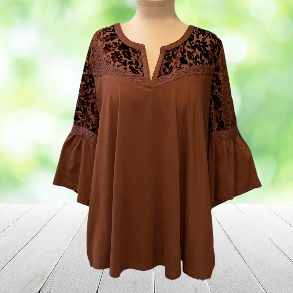 LOGO LORI GOLDSTEIN Lavish Tunic Top Burnout Velvet Bell Sleeve Pockets Size L